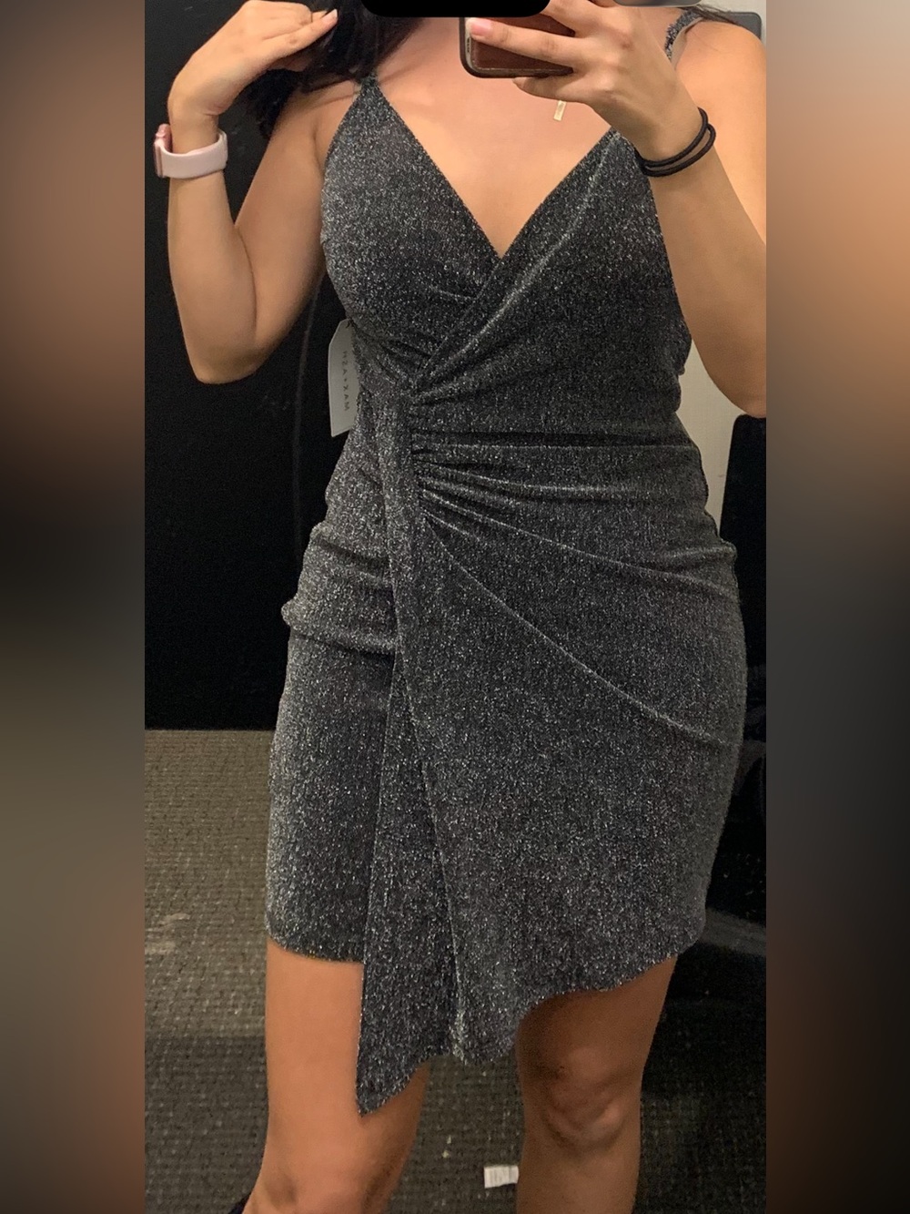Sparkle V-Neck Black Mini Dress with Draped Ruched Skirt